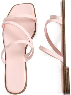 🆕 Women's Light Pink Strappy Flat Slide Sandals Square Open Toe Asymmetric Shoe